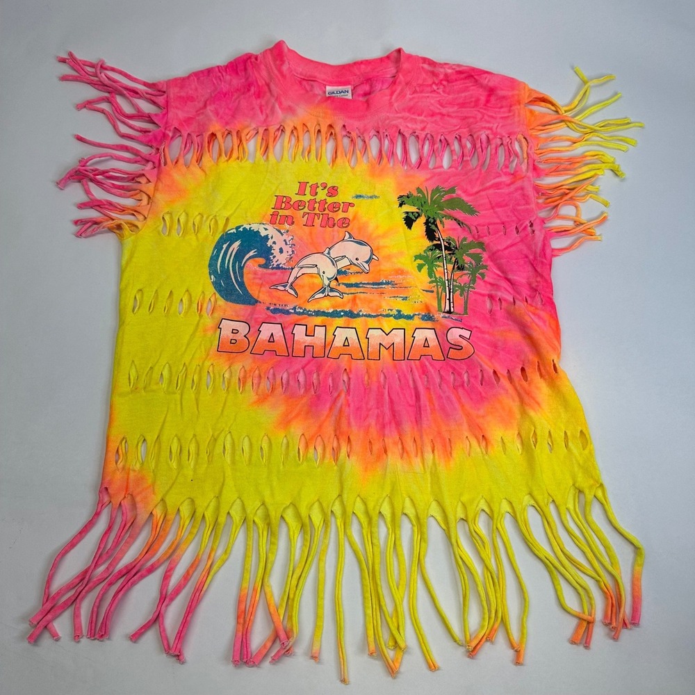 Gildan Bahamas Tie Dye Fringe‎ S T-Shirt Neon Pink Yellow Dolphin Slashed Custom